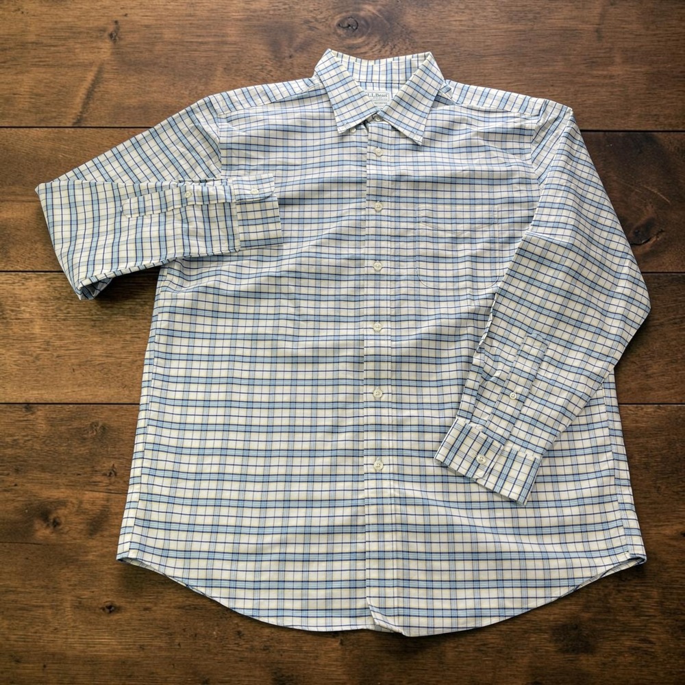 LL Bean Mens Slightly Fitted Plaid Button Down Shirt Blue Yellow 16.5-34 LARGE